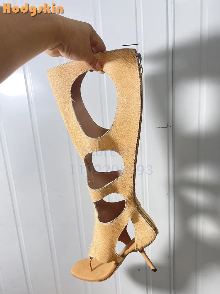 Sandalias de tacón alto huecas de pelo de caballo, botas retro de verano hasta la rodilla con cremallera trasera, sandalias de tacón de aguja de moda para mujer, novedad 2026
