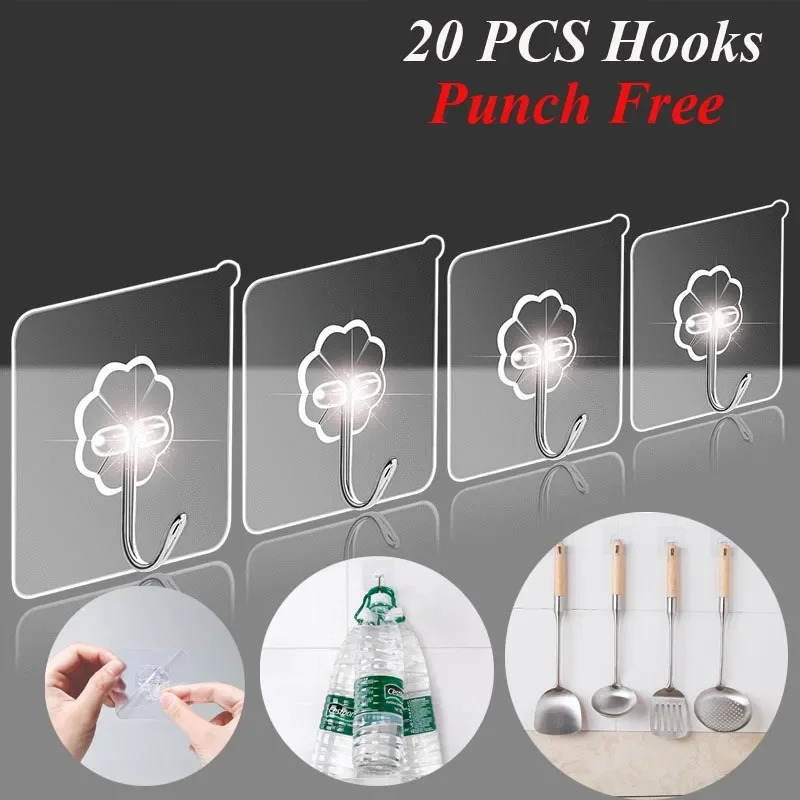 

Self Adhesive Transparent Wall Hooks Heavy Load Hook Holder Racks Kitchen Bathroom Punch Free Storage Hanger Organization