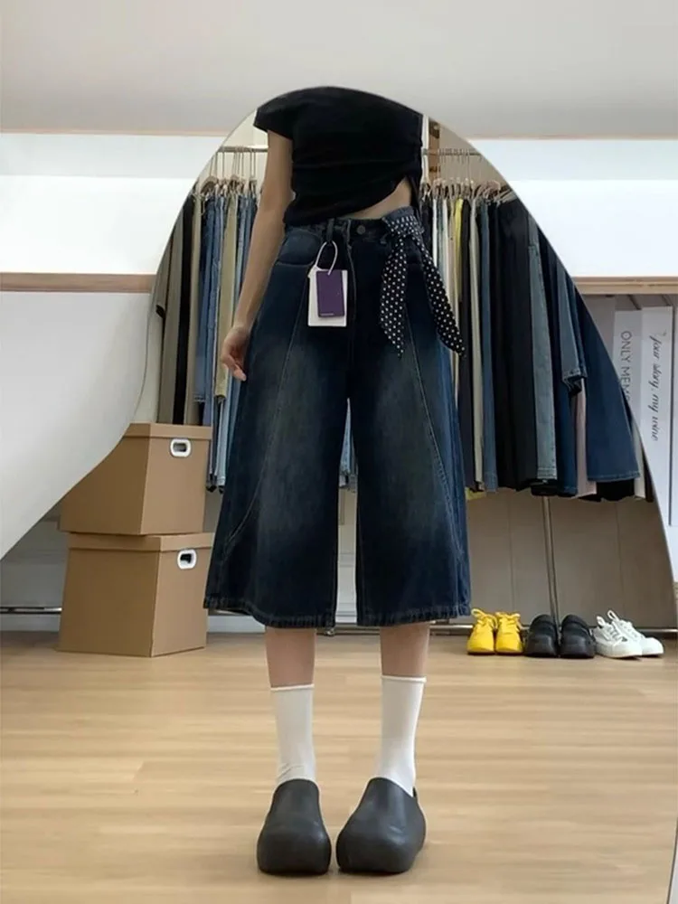 

Американские ретро джинсовые орты на семь футов, женские летние широкие восьмимиминутные прямые свободные джинсы с высокой талией для похудения