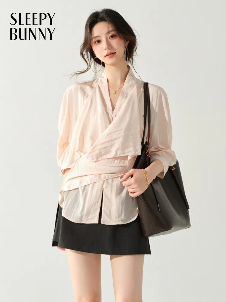 

V Neck Halter Blouse and A Line Mini Skirt Set Women Elegant Two Piece Outfit Waist Tie Shirt Double Layer Side Slit Chic Skirt