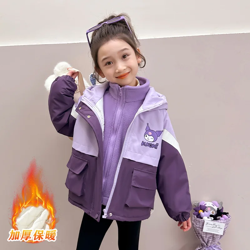 

Стеганая утолщенная куртка Kuromi для девочек 2025 года, осенне-зимняя детская повседневная куртка с капюшоном и героями мультфильмов, теплая ветровка для девочек на открытом воздухе