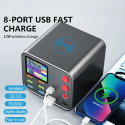 Cargador rápido multifunción PD de 8 puertos, detección de línea de datos de corriente para teléfono móvil, carga inalámbrica para iPhone, Samsung y Xiaomi