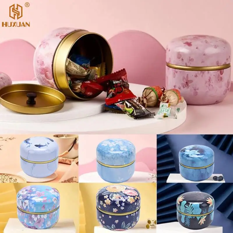 1PC Tea Containers Japanese-Style Herbal Small Candy Snacks round Cans Mini Portable Tinplate Cans Packing Box Multicolor