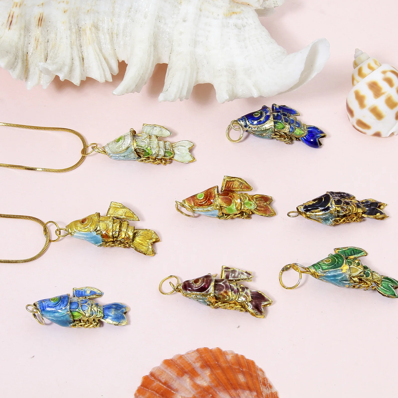 1pc Fish Animal Movable 3D Mini Pendants Gold Plated Multicolor Brass Ocean Jewelry Charms for DIY Necklace  28mm x 8mm