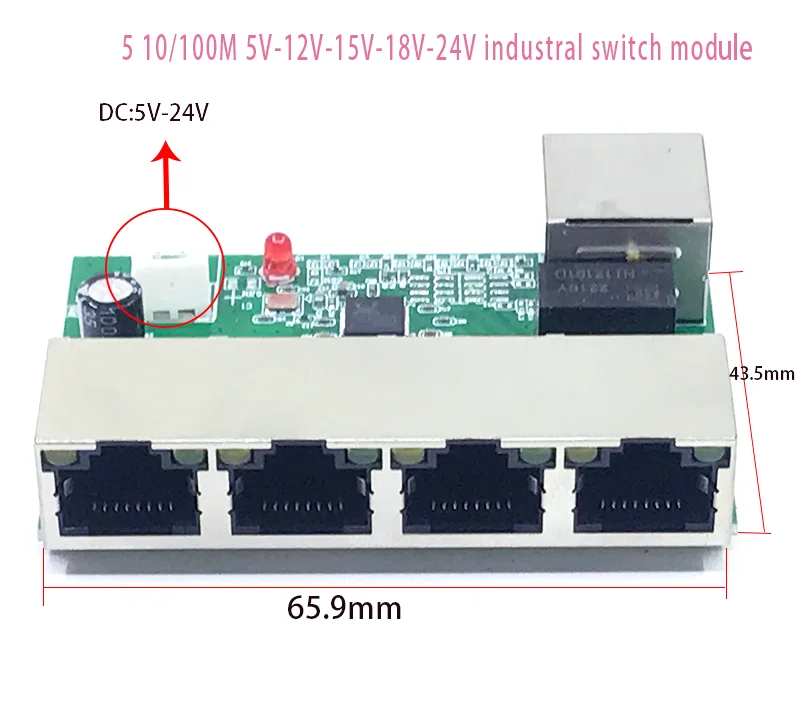 Mini PCBA 5 Ports Networkmini ethernet switch module 10/100Mbps 5V 12V 15V 18V 24V