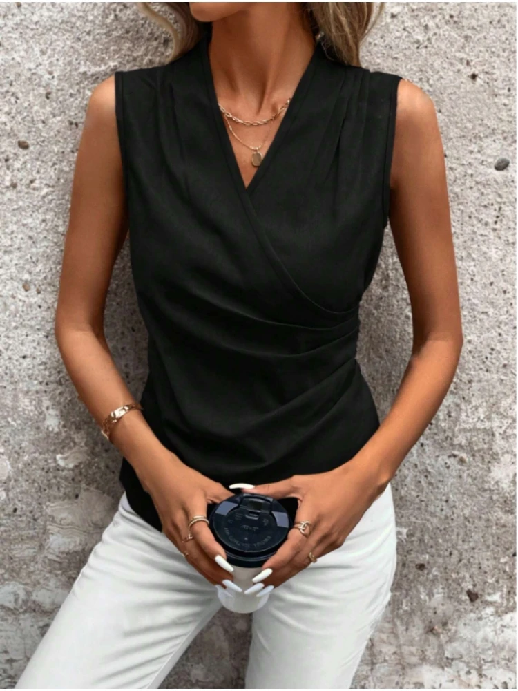 Colete feminino preto com decote em V e bainha irregular, design de moda versátil para primavera verão, deslocamento casual