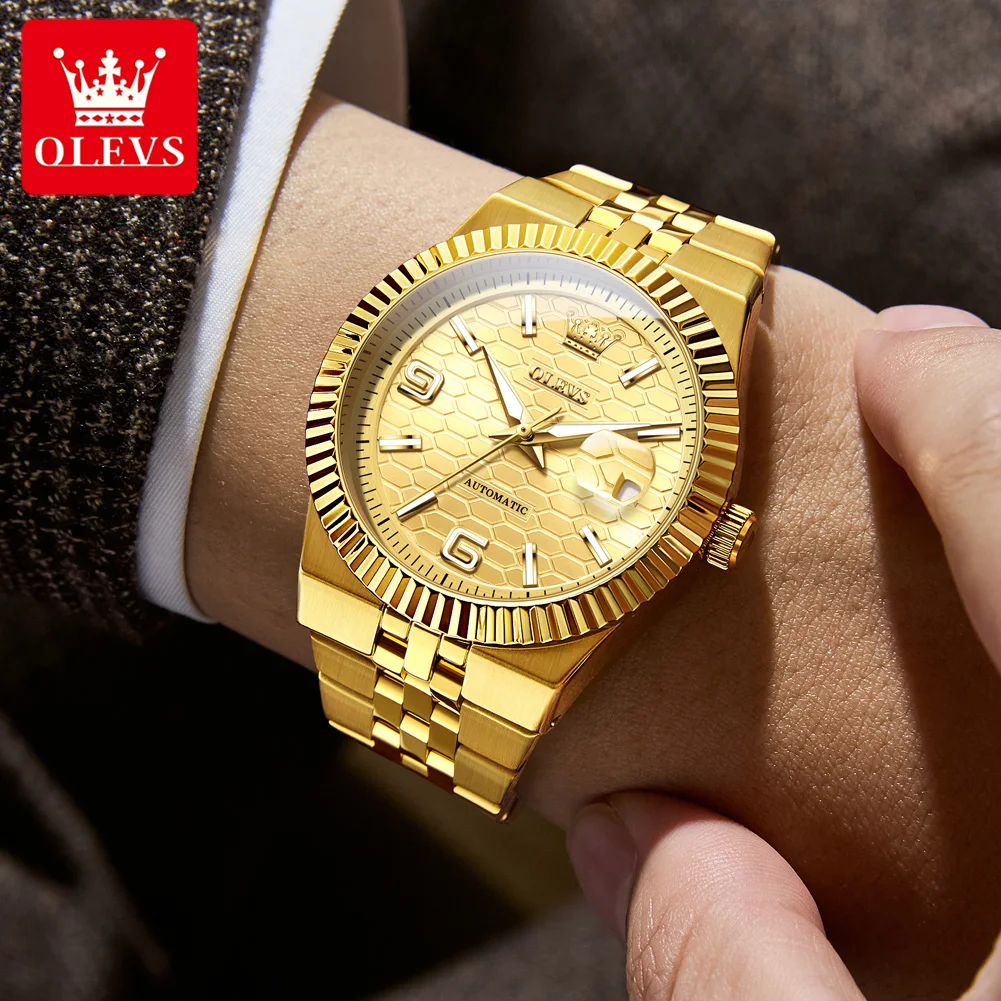 OLEVS 7105 ساعة رجالية فاخرة ذهبية جميع ساعة ميكانيكية أوتوماتيكية من الفولاذ المقاوم للصدأ مقاومة للماء تاريخ مضيء ساعة رجالية عالية Reloj #4