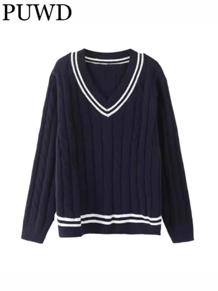 PUWD Casual Women Navy Retro V Neck Loose Sweaters 2022 Autumn Fashion Ladies Casual Female Knitted Cotton Sweaters