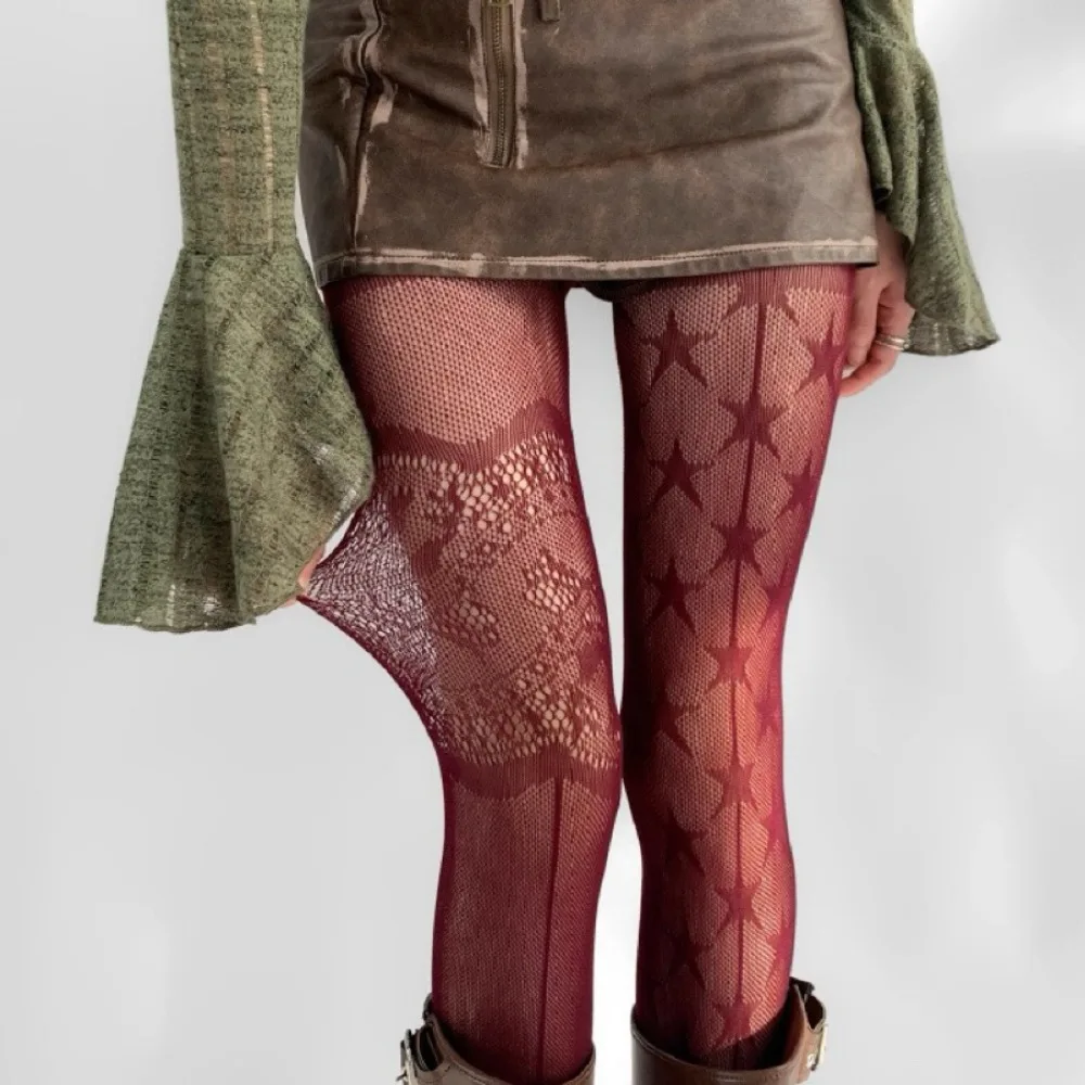 Y2k Female Sexy Silk Stockings Five-pointed Star Print Breathable Lace Fishnet Stockings Ultra-thin Elastic Mesh Pantyhose