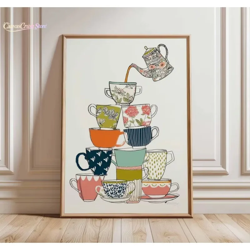 Abstract Whimsical Tea Cups Canvas Wall Art Print, Frameless Modern Colorful Kitchen Canvas Poster for Living Room 2026