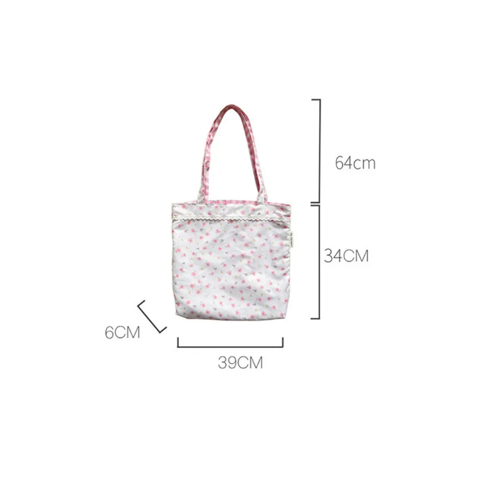 Pink Floral Canvas Shoulder Bag Handbag Korean Travel Beach Bag Double-sided Shopping Totes Bag Girl Lace Underarm Bag