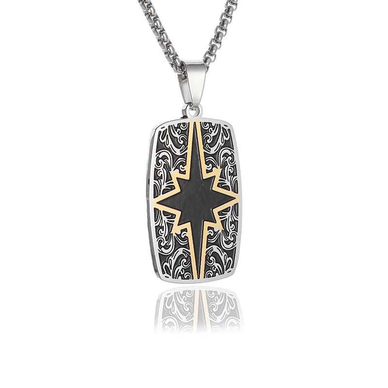 Stainless Steel Retro Polaris Tang Grass Pattern Cross Star Glory Hexagram Square Brand Fashion Versatile Necklace