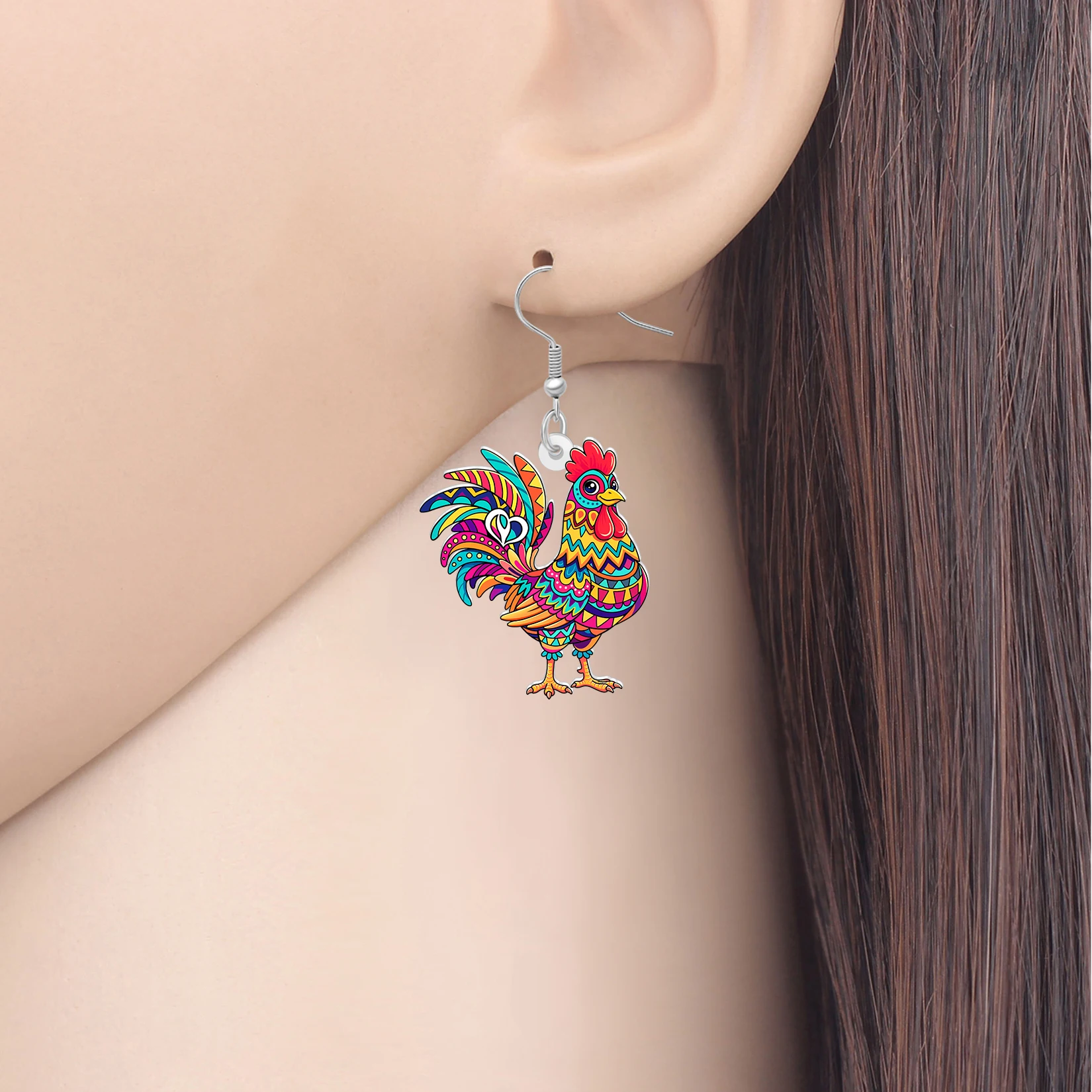 BONSNY Acrylic Bohemian Chicken Dangle Earrings Colorful Print Rooster Farm Animals Boho Jewelry Gifts For Women Girls Charms