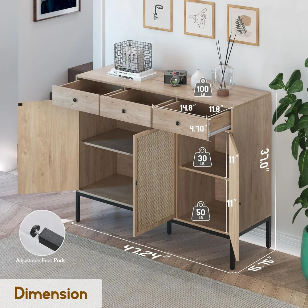 Sideboard Cabinet with Hand-Woven Natural Rattan Doors,Rattan Cabinet with 3 Drawers for Living Room Kitchen Entryway，Metal Legs