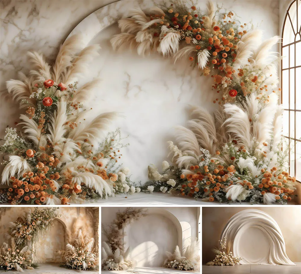 

Mehofond Photography Background Vintage Boho Pampas Grass Backdrop Maternity Portrait Arch Door Floral Arches Marble Decor Photo