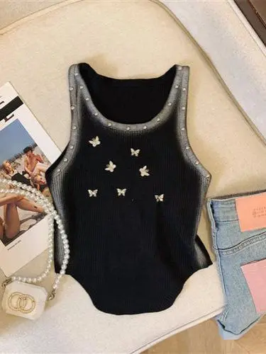New Women's ort Svel Knitted Vest Top Summer Faion Outerwear Belted Tank Top Thai Sle Knitwear Jazz Sle