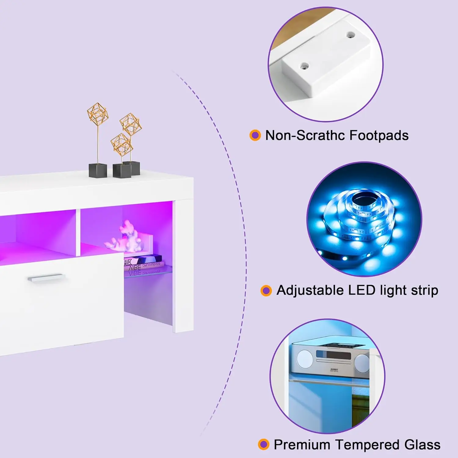Suporte de TV de 63 polegadas com iluminação moderna e grande gaveta de armazenamento para TVs de 50 55 60 65 70 75 polegadas, console de TV com luzes LED de 20 cores