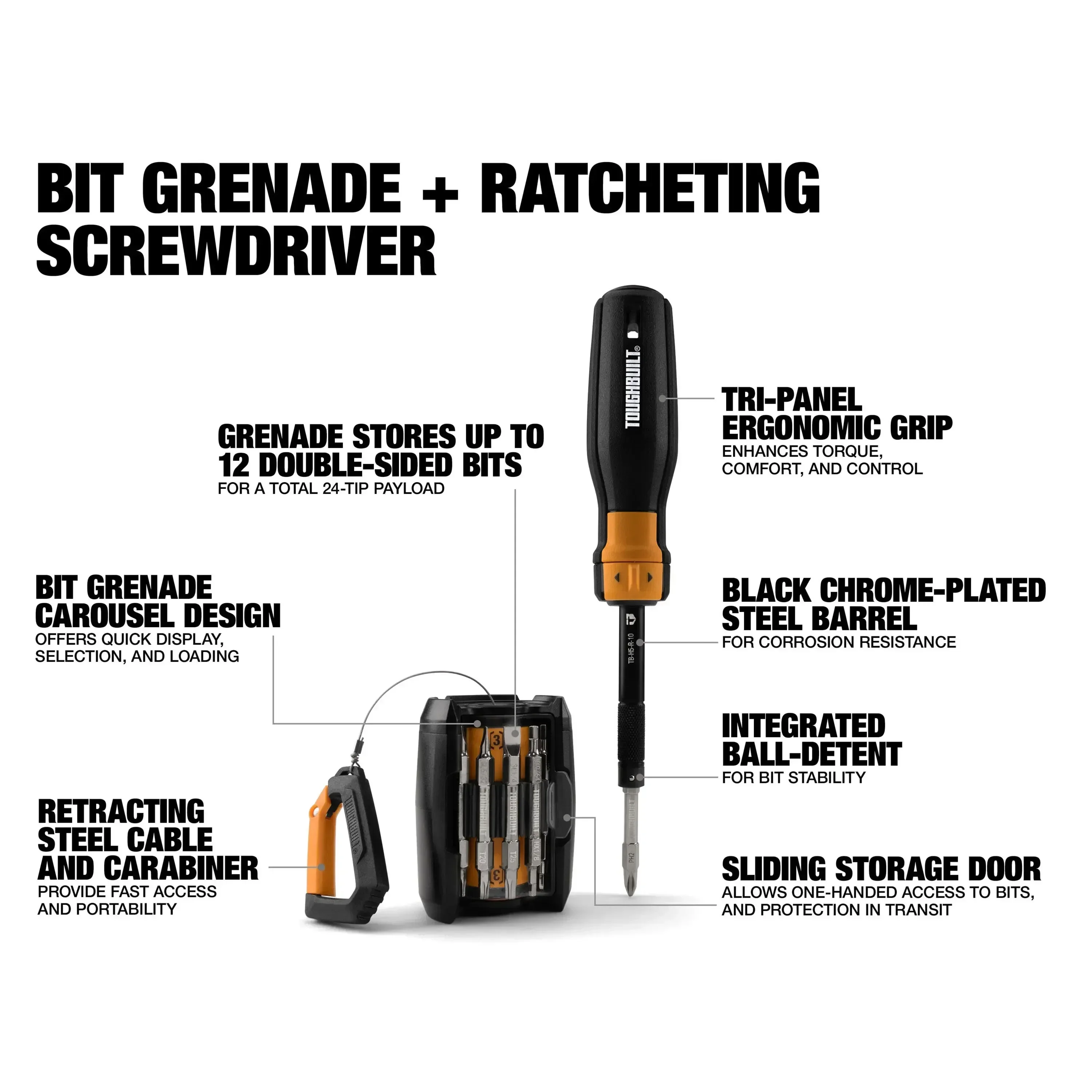 Obeng Multifungsi Portabel Toughbuilt TB-H5S2-MR-A Ratcheting Multi-Bit Driver 24-Bit Grenade