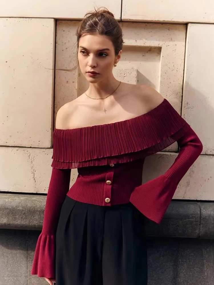 TARUXY Sweter Top Na Jedno Ramię Dzianinowe Pulowery Jesienna Moda Długi Rozkloszowany Rękaw Guzik Patchwork Sweter Damski Solidny Slim