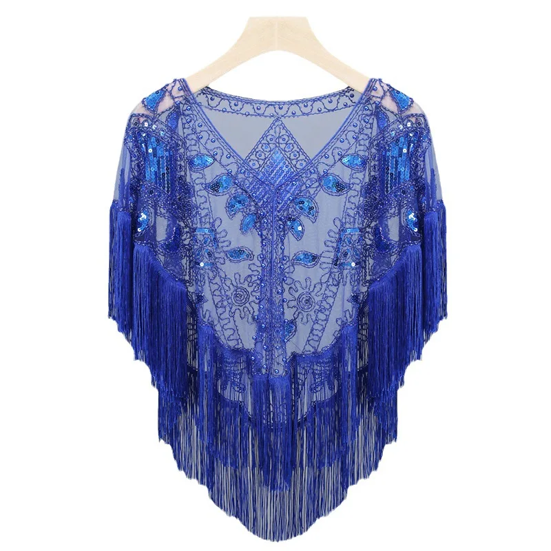 Bolero corto con flecos, capa de lentejuelas de los años 20, vestido de fiesta de Gatsby, capa de hombro Qipao china