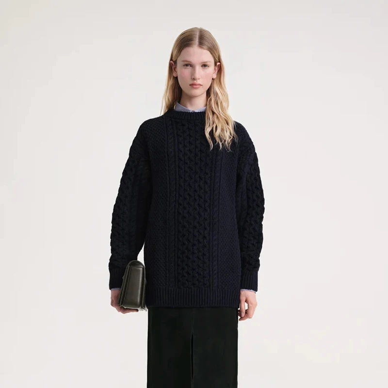 

Nordic mat Commuter Sle Loose Women's Knitwear round Ne Wool Twist Flower Sweater Comfortable Lazy Feel Autumn Winter