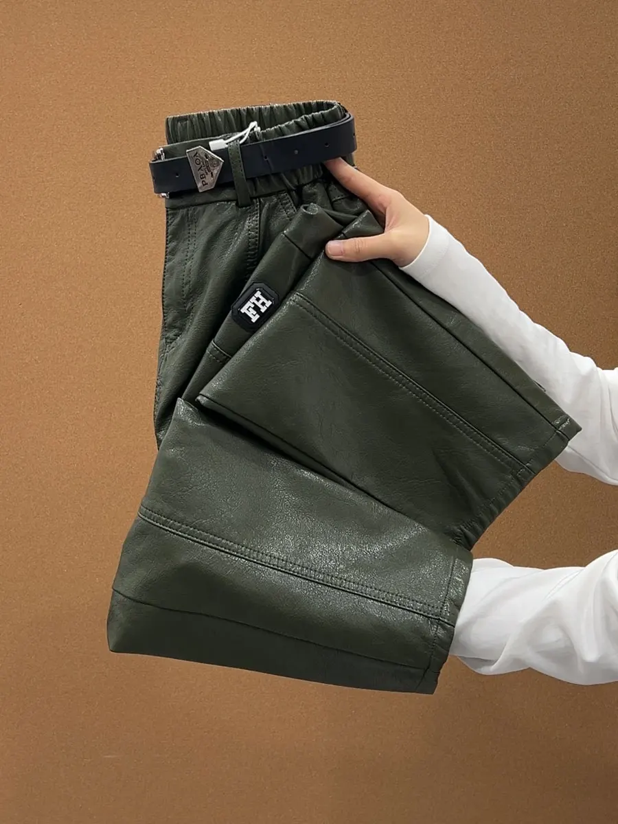 

Утепленные прямые кожаные брюки с высокой талией и поясом, повседневные, для полных женщин, длина 97 см