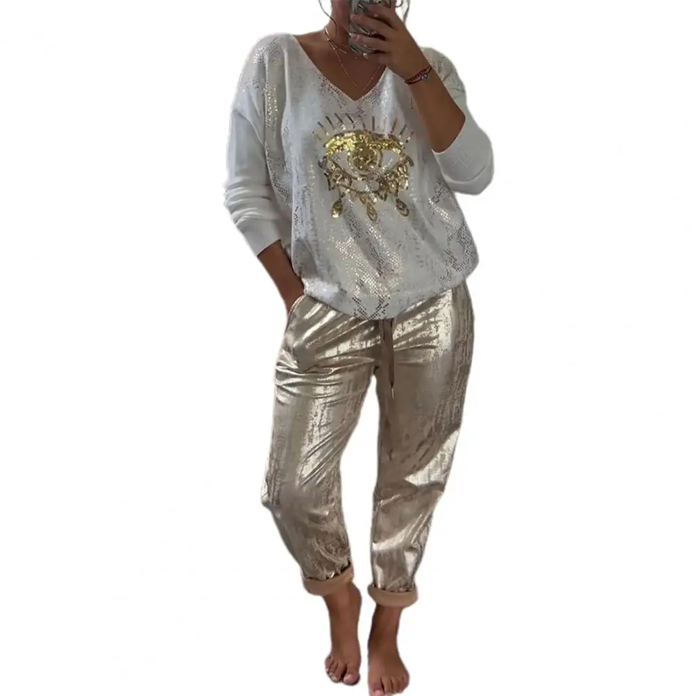 Women T-shirt Trousers Set Eye Print V Neck Top Pants Set Loose Bronzing T-shirt Trousers for Women 2 Pcs/set Women Wide Leg