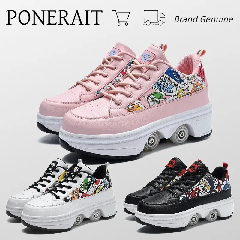 PONERAIT Double-Row Deformation Shoe One Click Folding Four wheels Roller Skate Shoe Outdoor Casual Fashion Children Sneaker