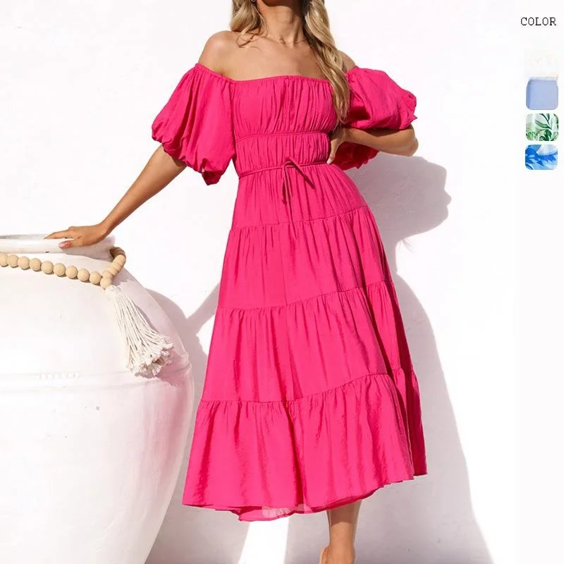 

Ele High Waist Puff Sve Dr Pleated Design Summer New Arrival Women's Faion Polyester A-Line Dr Casual Wear