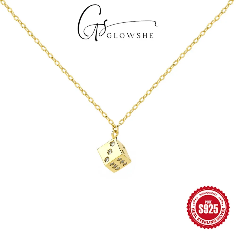 Glowshe 925 Sterling Silver Zircon Lucky Dice Necklace Party Designer Fine Jewelry 2024 New Trend Charm Collarbone Chain Gift