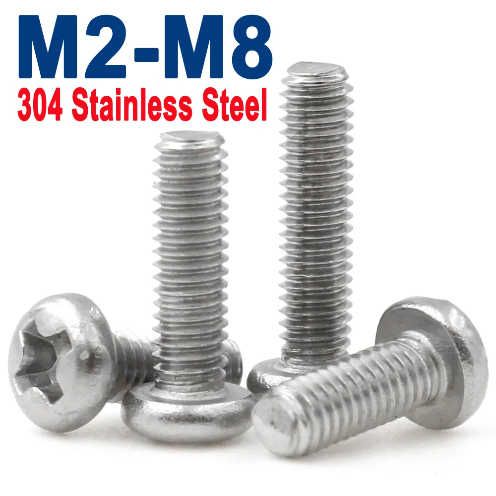 

50/10pcs Cross Round Head Screws M2 M2.5 M3 M3.5 M4 M5 M6 M8 A2-70 304 Stainless Steel Phillips Round Pan Head Screw Bolt Dia2-8