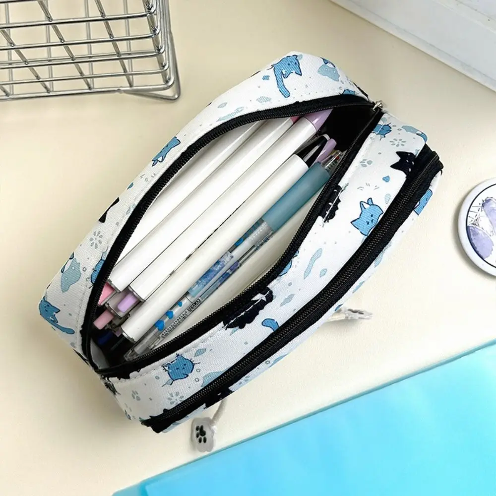 High Quality Large Capacity Pen Bag Cute Snow Cat Double Zipper Stationery Bag Multifunctional Pencil Case Student Gift