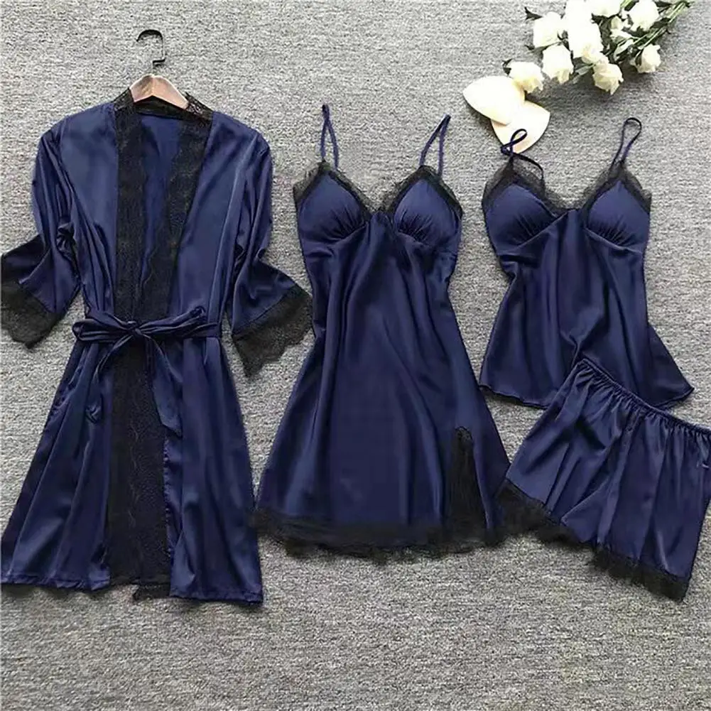 Set piyama renda sambungan renda, Set piyama renda halus elegan dengan tali Spaghetti atasan kardigan lipit mantel 4 potong untuk wanita