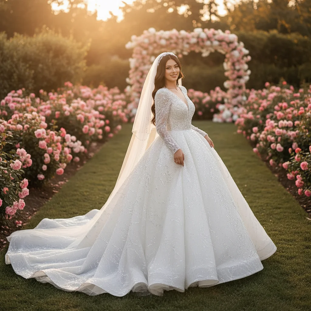 

2026 Luxury Shiny Lace Wedding Dress with Beads V-neck Long Sleeves Lace-Up Customized Bridal Gown for Women Vestidos De Novia