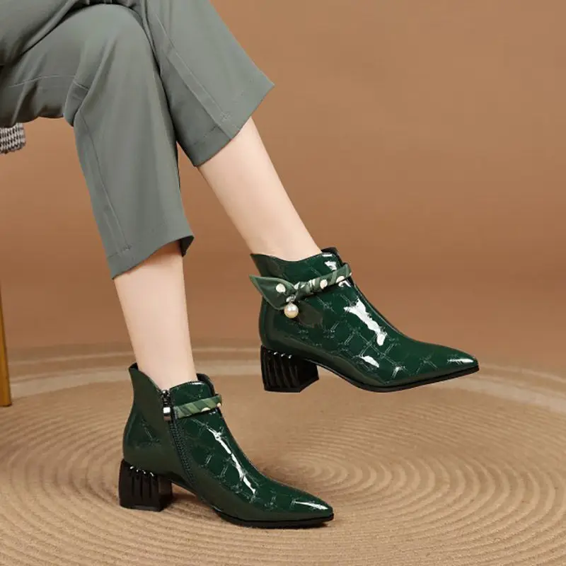 FHC Patent Leather Women Ankle Boots,Embossed Flower Short Botas,Pearls Winter Shoes,Side Zip,Pointed Toe,Green,Black,Dropship