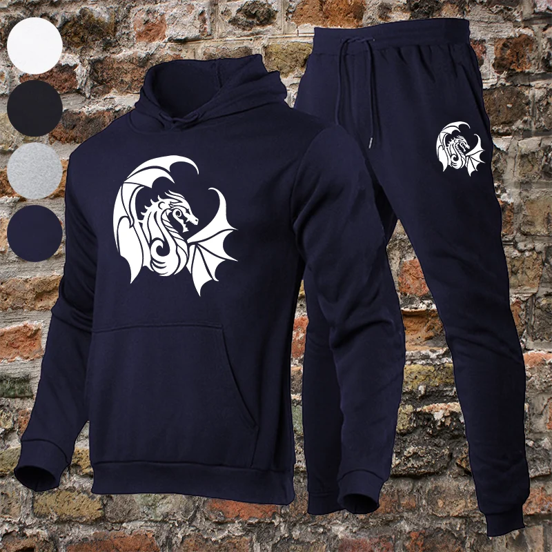 

Men's Hoodie Men's Clothing Western Dragon Print Sweatshirt Set Hoodie + Jogging Sweatpants 2 Piece Set