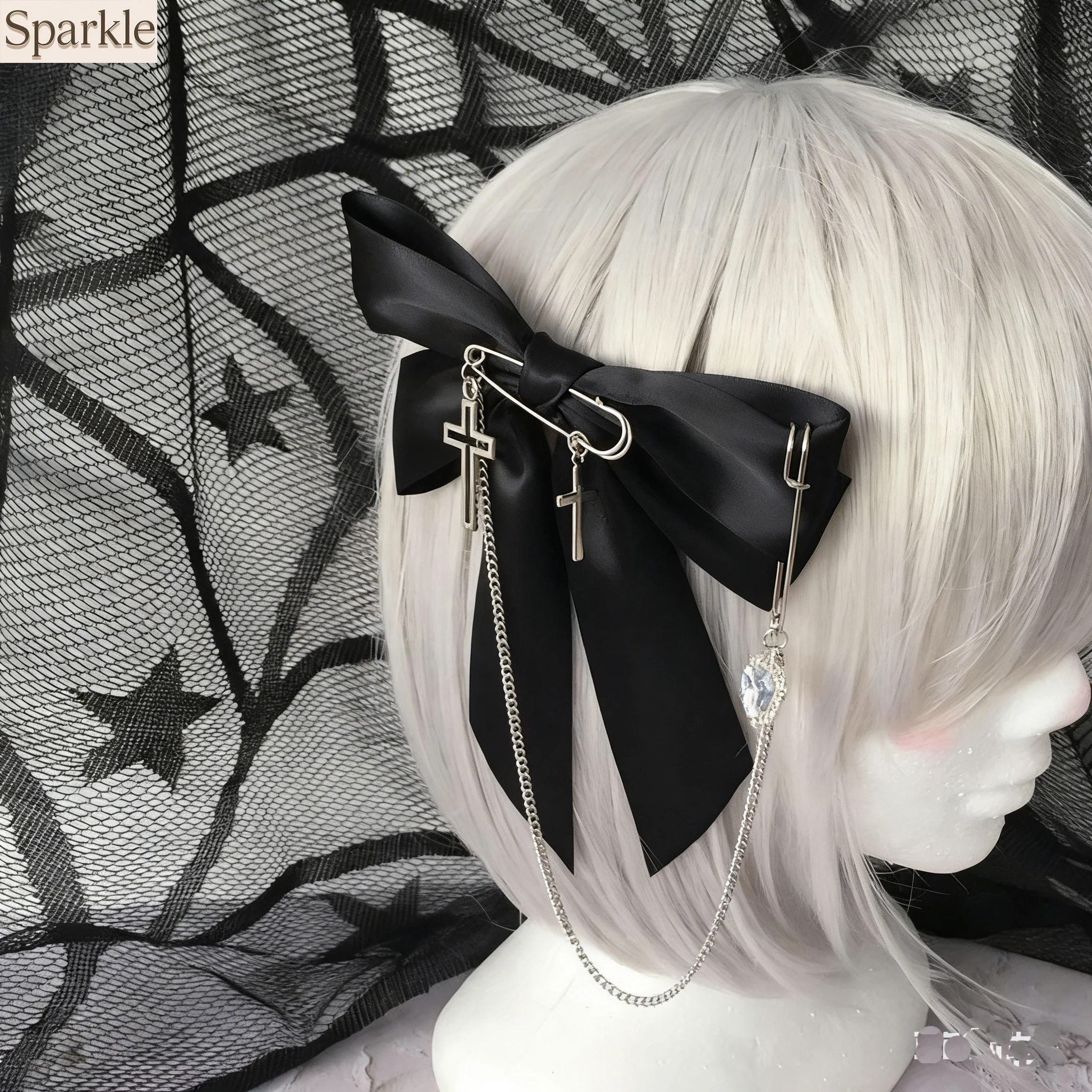 

Original Handmade Niche Bowknot Cross Chain Hair Accessory Y2K Gothic Dark Style Rhinestone Tassel Safety Pin Hair Clip Hairwear