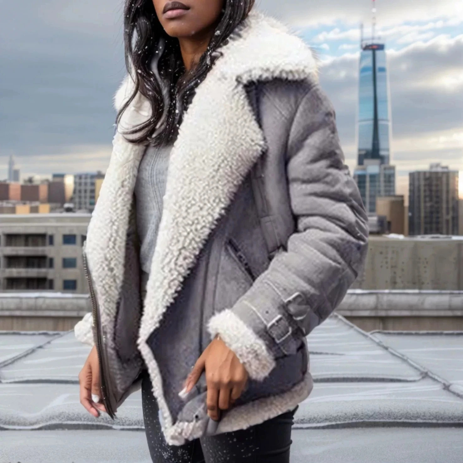 2025秋冬新作 レディース バイクジャケット |   襟付きファー コットン スエード ラムウールコート |   ゆったりとした厚手の暖かいファー襟