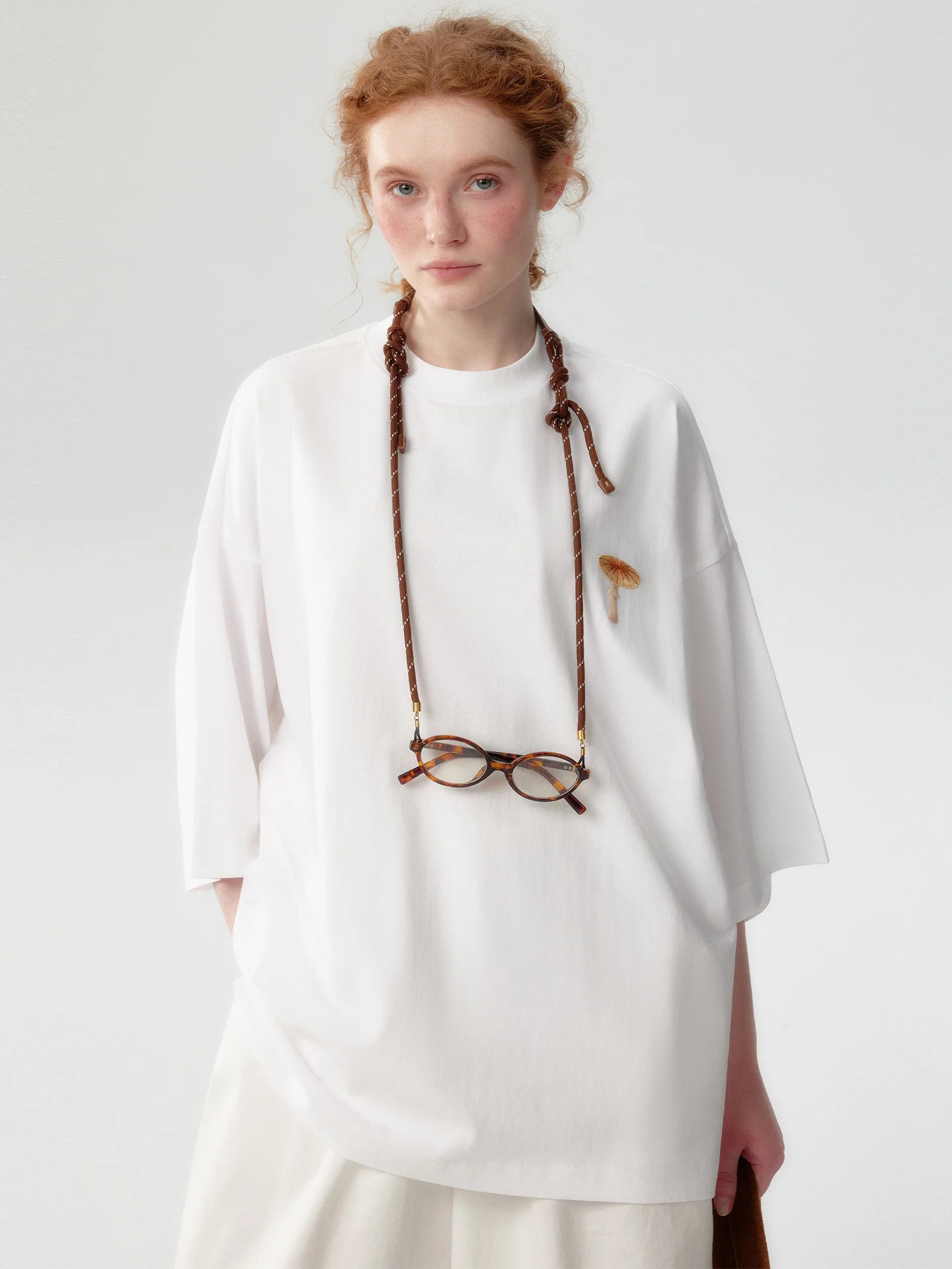 Korean Style Pure Cotton Short Sleeve T-Shirt Women's Summer Loose Shoulder Drop Stitching Decorated round Neck Top