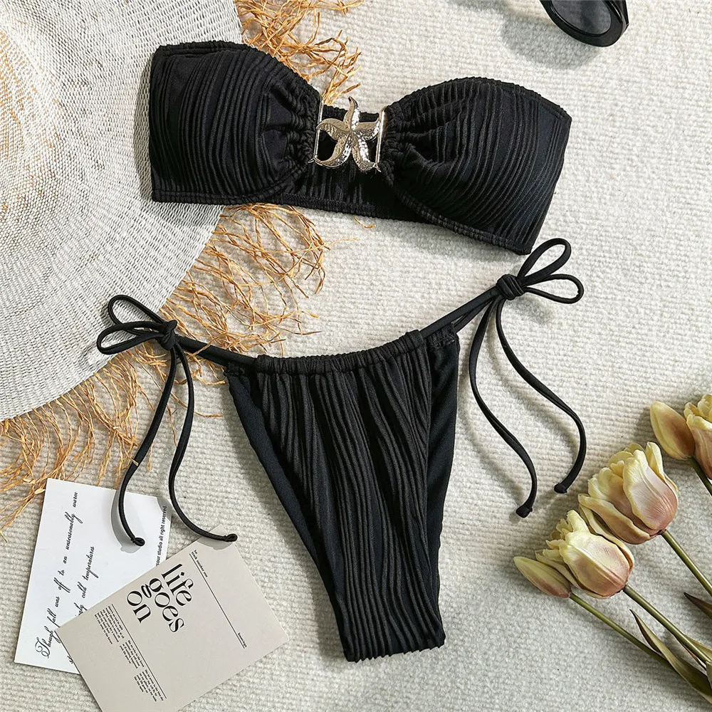 Maillot de bain noir sexy pour femmes, modèle étoile de mer, micro bikini string, sans bretelles, ensemble deux pièces, pour la plage, 2025