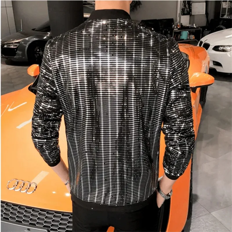 Y2K Spring New Sequined Bomber Jacket Men Long Sleeve Glitter Zip Up Thin Coat Hip Hop Loose Night Club Streetwear Coat Techwear