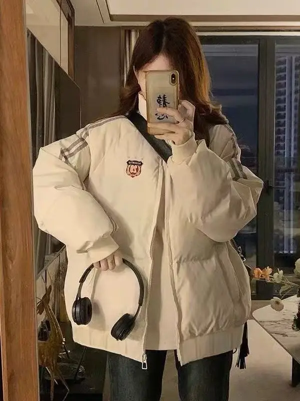 

Women's Thiened down Cotton Jaet 2025 New Winter Commute Sle Korean Loose Fit Zipper Closure V-Ne Pure Color Coat