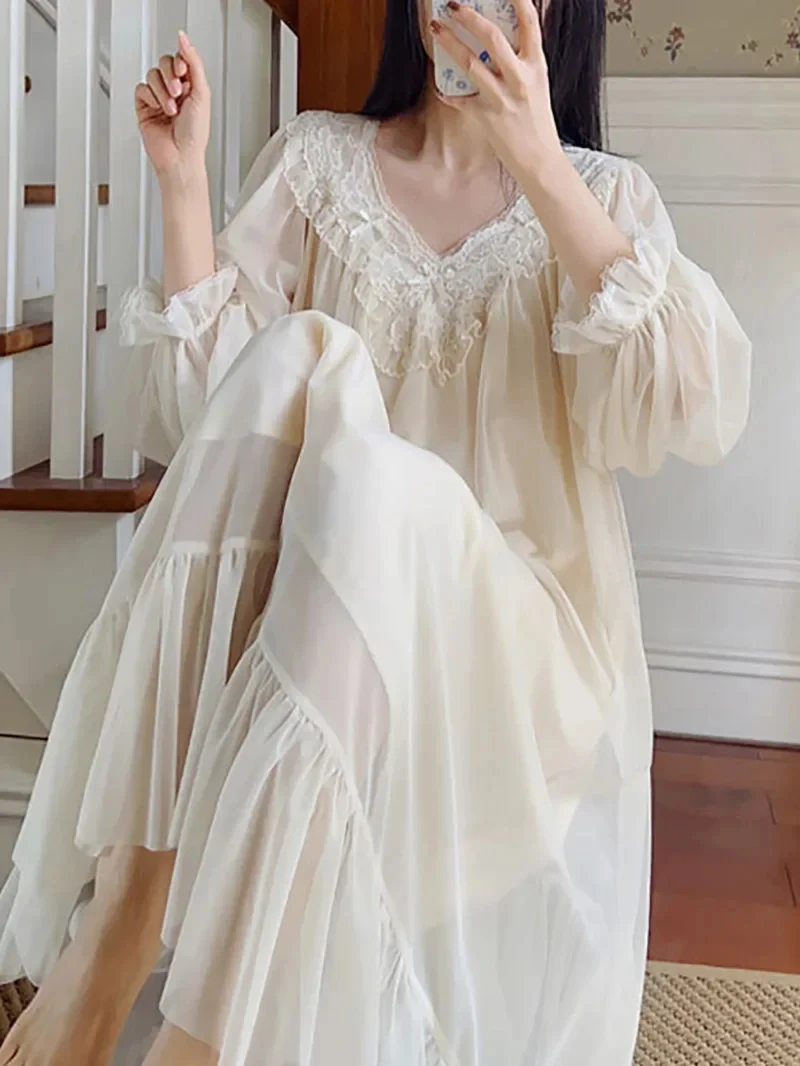 French Fairy Mist Mesh Sleepwear Nightdress Women Pure Cotton Robe Princess Ruffles Dress Summer Romantic Victorian Nightgowns