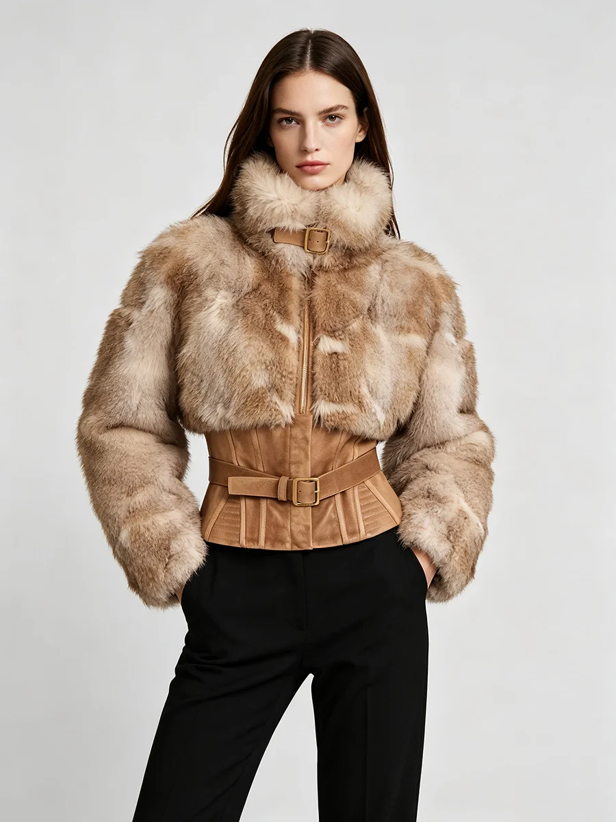 LIMO Women Belted Faux Fur Suede Spliced Cropped Coat