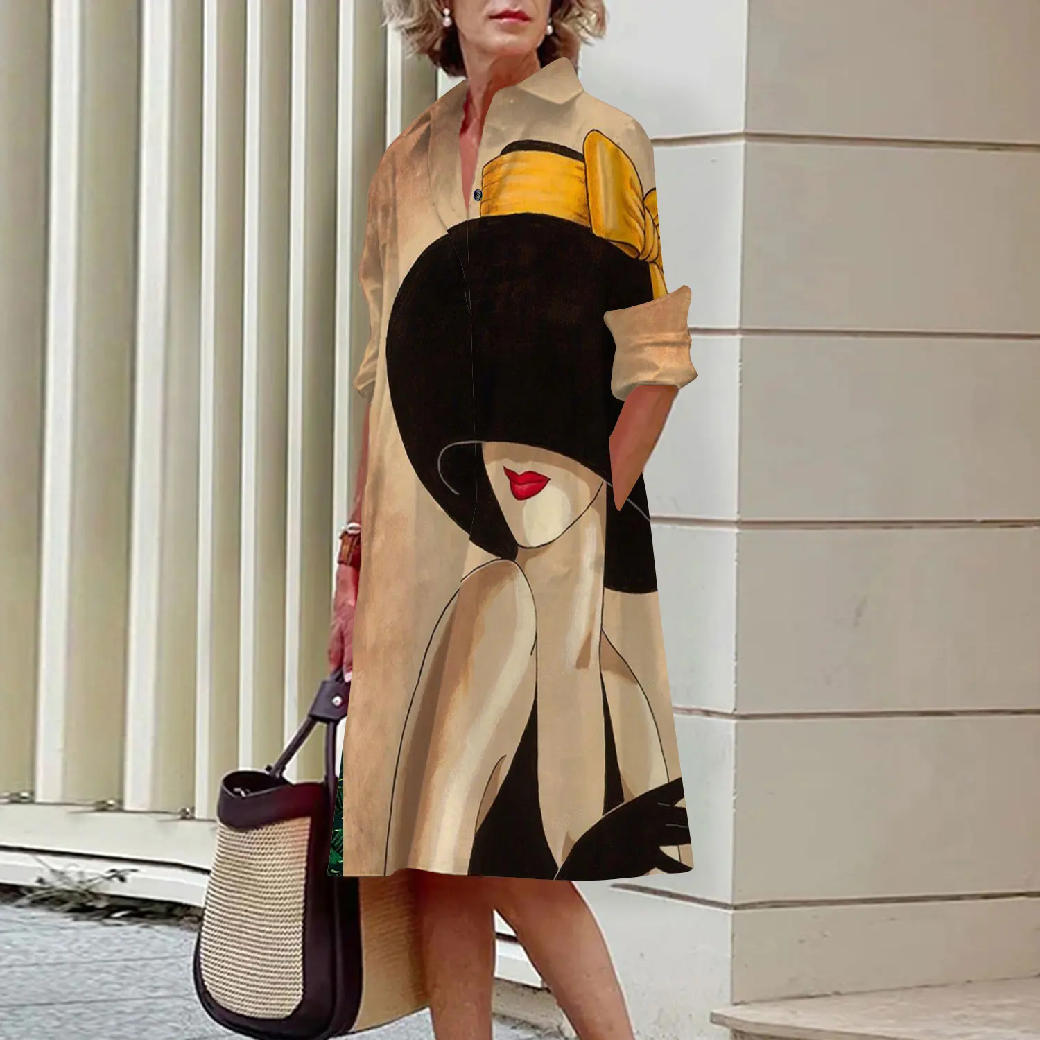 Windbreaker Blouse Jacket Women 2024 Casual Turn-down Collar Long Sleeve Dresses Fashion V-neck Office Lady Commuter Dresses
