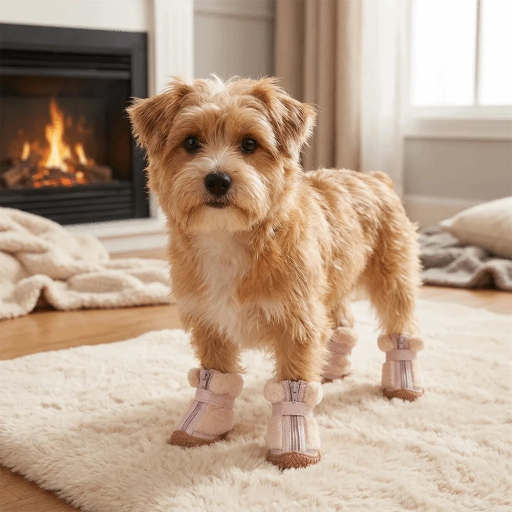 4 PCS/SET Plush Lined Winter Dog Snow Boots Thickened Comfortable Anti-Slip Dog Shoes Warm Soft Bottom Pet Paw Protection