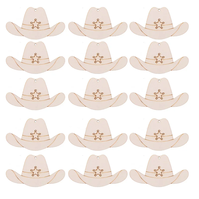 10Pcs Unfinish Natural Wood Cowboy Hat Pendant Wooden Craft Blank DIY Painting Cowboy Hat Wood Chip Party Home Decoration Supply