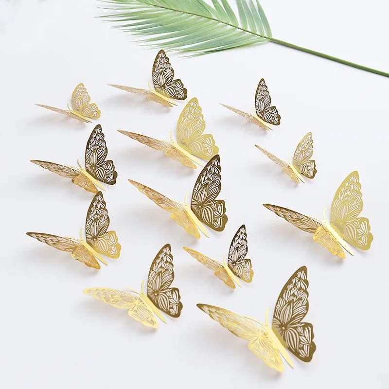 Toppers de mariposa para pastel, pegatinas de Feliz Cumpleaños de 12 piezas, decoraciones para pasteles, Stiker 3D de pared, artesanías de boda,