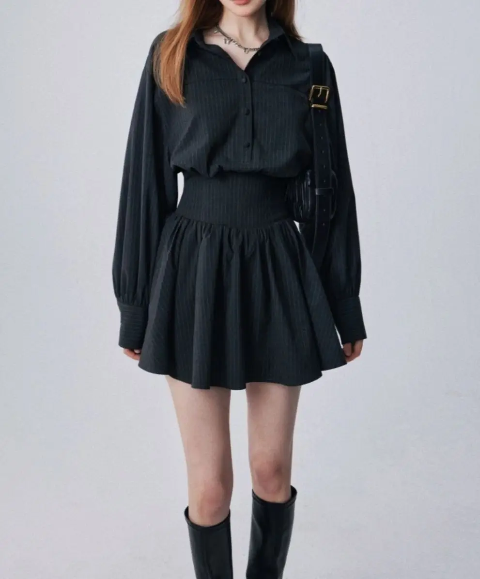 

Spring New Style French-style Lady's Gray Long-sleeved Fitted Waist Dress with Elegant Style