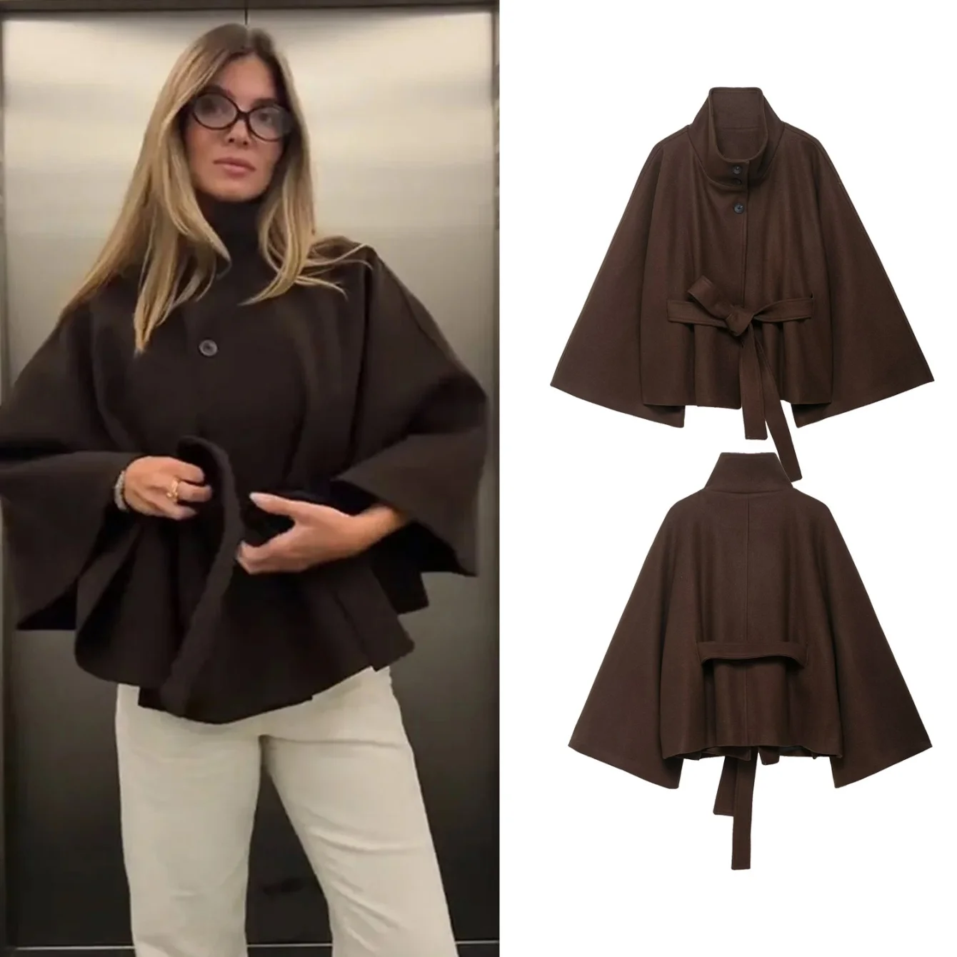 Outono inverno mulher casual chique curto casaco de lã sólido gola alta cinto botão moda feminina mangas compridas casacos soltos